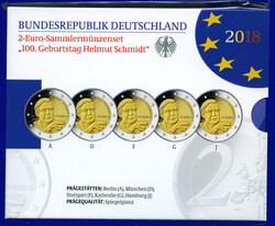 2 Euro 2018 ADFGJ, 100. Geb. Helmut Schmidt, kpl. Serie im Blister in ...